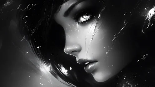 Monochrome ethereal portrait with luminous reflective gaze.