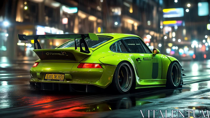 Neon green street racer glides through a rainlit city grid