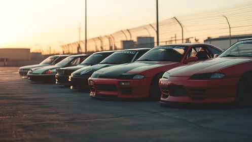 Modified sports cars parked in a row at sunset track.