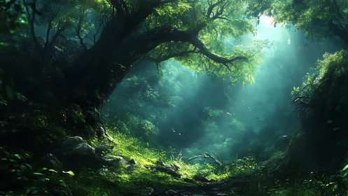 Sunlit Forest Interior with Atmospheric Light Penetration.