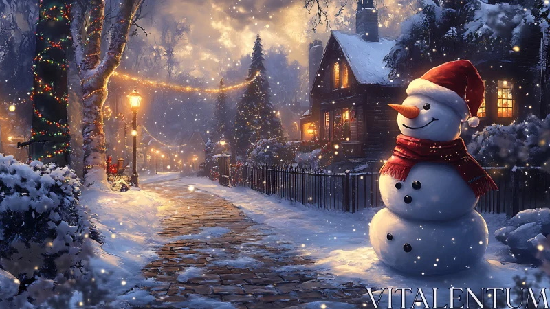Snow-laden village lane with illuminated snowman and warm bokeh lighting