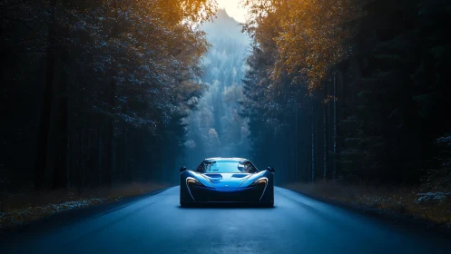 Blue sports car on forest road under cool warm light contrast.