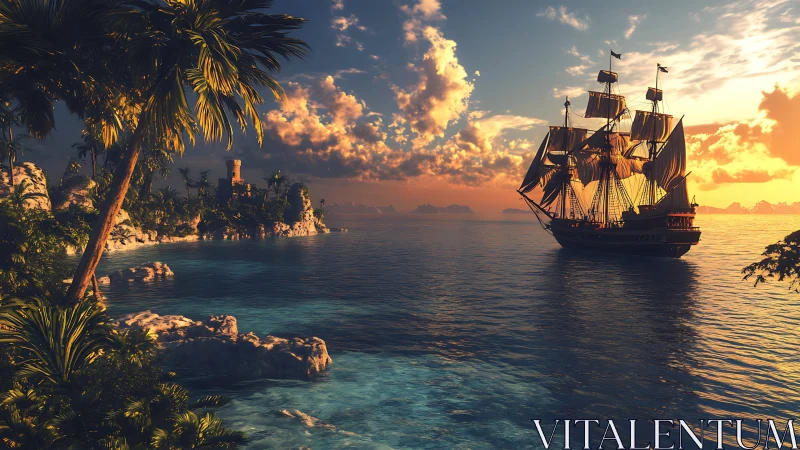 Sailing vessel passes tropical coastline under low sunset light