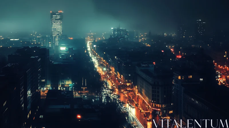 Nocturnal arterial avenue through dense foggy high-rise district