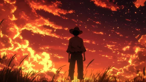 Silhouetted figure observes dense orange cloud field at dusk