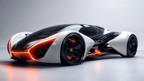 Futuristic white hypercar with neon red aerodynamic contours.