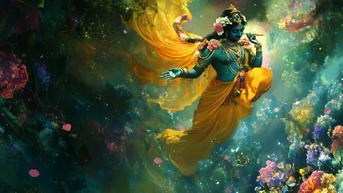 Celestial blue deity in luminous floral nebula, golden drapery