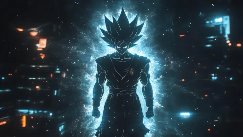 Powerful glowing fighter silhouette in neon energy field.