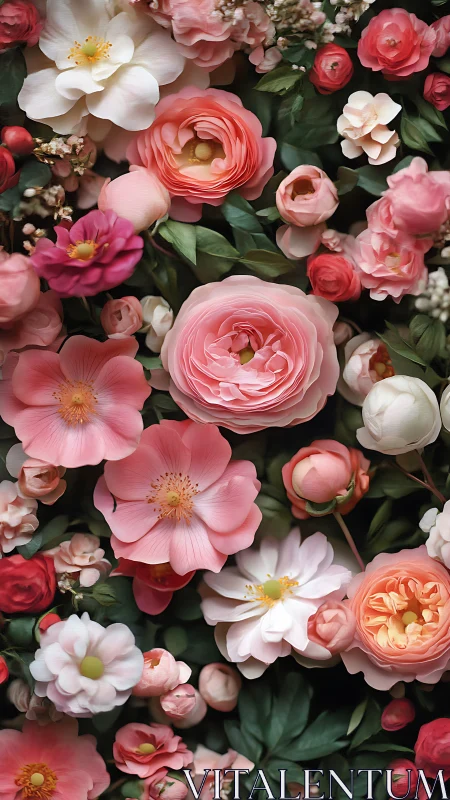 Dense floral arrangement featuring pink and white roses with varied bloom types and green foliage
