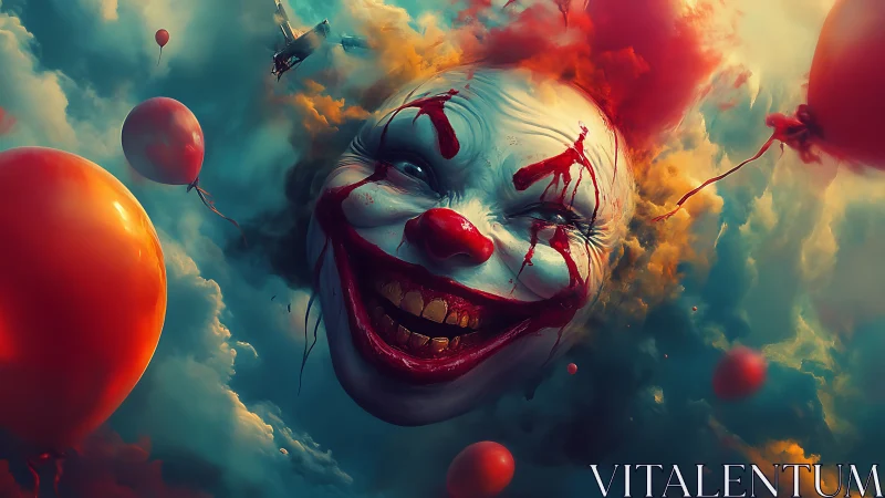 Surreal bleeding clown head with red balloons in storm clouds