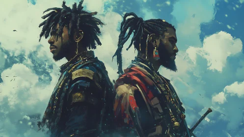 Skyward guardians standing strong beneath painted clouds.