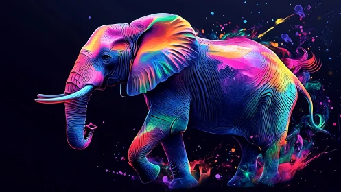 Neon chromatic elephant digital painting with fluid motion lines.