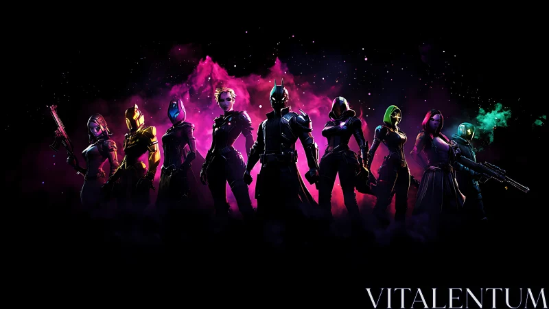 Nine armored sci‑fi characters stand aligned against nebulous light