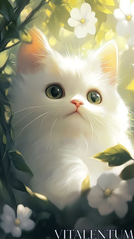 White Cat with Jade Eyes Surrounded by Blooming Yellow Flowers