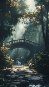 Stone bridge over forest stream in dappled morning light.