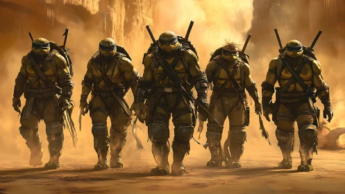 Digital painting squad march in cinematic desert haze.