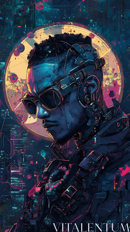 Cybernetic street hero stands before neon data halo.