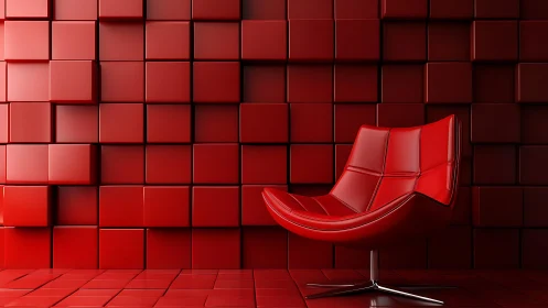 Red modern chair positioned within monochromatic tile environment.