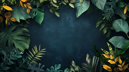 Dense tropical foliage framing dark textured background.