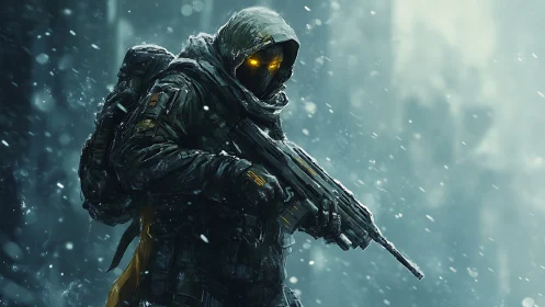 Armored figure with rifle stands in a snowy, low-visibility scene