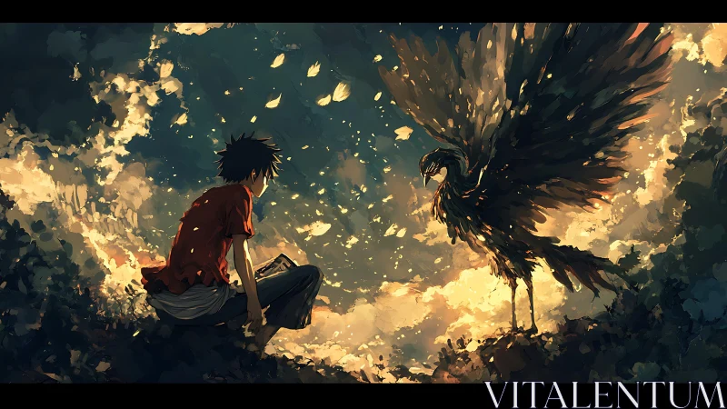 Boy and luminous winged bird sharing twilight secrets.