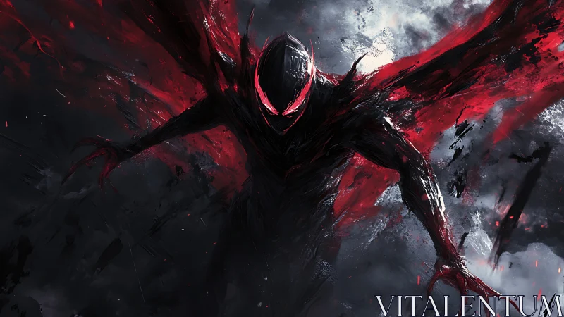 Shadow demon figure with red energy wings in dark storm