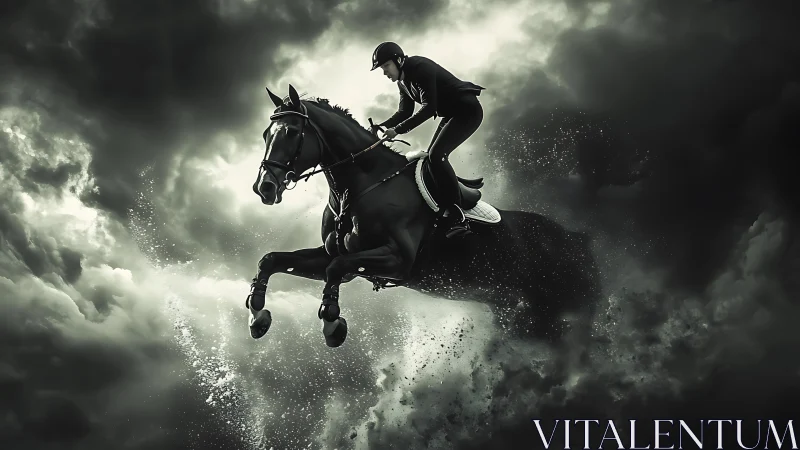 Equestrian jumper cuts through storm cloud explosion midair.