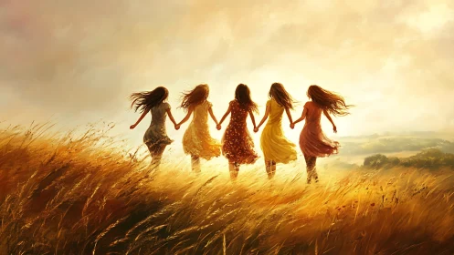 Five Girls Holding Hands in a Golden Field, Dreamy Impressionist Style.