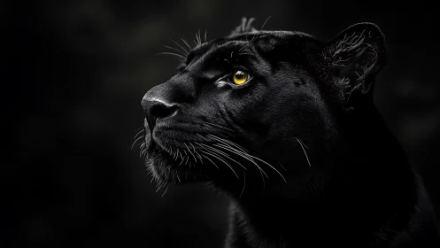 Black Panther Portrait with Golden Ocular Focus Against Dark Background