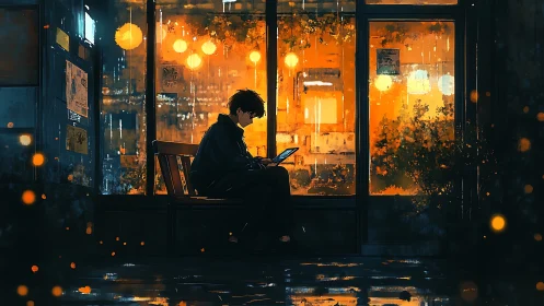 Rainlit coder drifts through lantern-glow midnight data