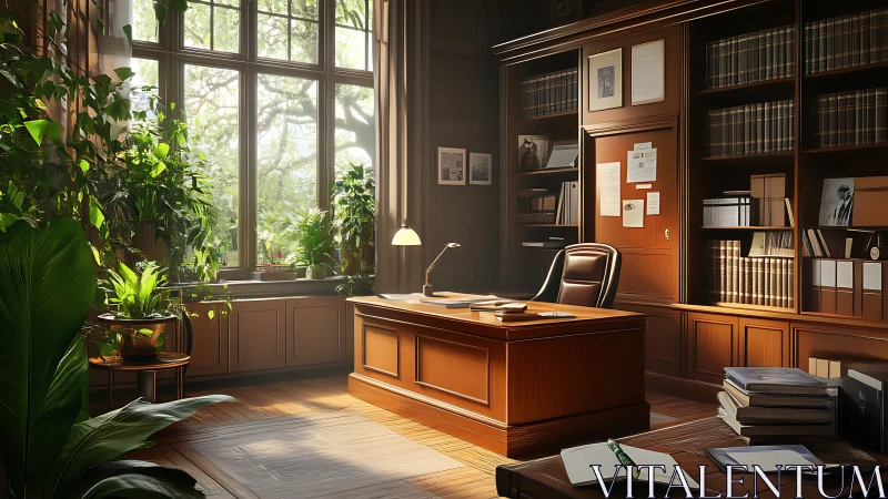 Sunlit wood-paneled office blends greenery with classic decor.