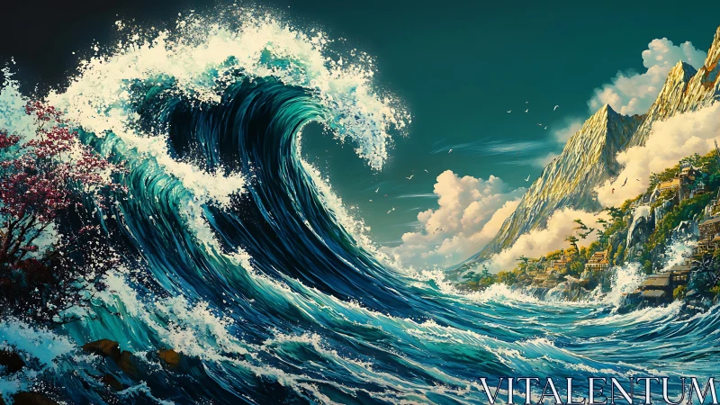 Colossal teal wave crashes toward sunlit terraced coastline.
