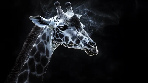 Bioluminescent giraffe portrait on black with smoke trails