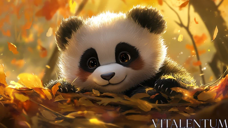 Autumn forest close-up of stylized baby panda in warm backlight