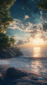 Rocky shoreline under sunset sky with visible stars.