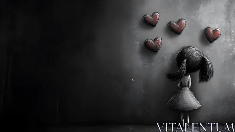 Sad girl in grayscale room faces distant red hearts silently.