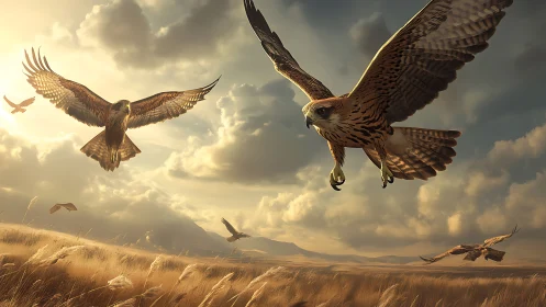 Majestic Hawks Soaring Over Golden Prairie at Sunset, Realistic Art.