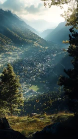 Mountain valley town under soft morning light from above.