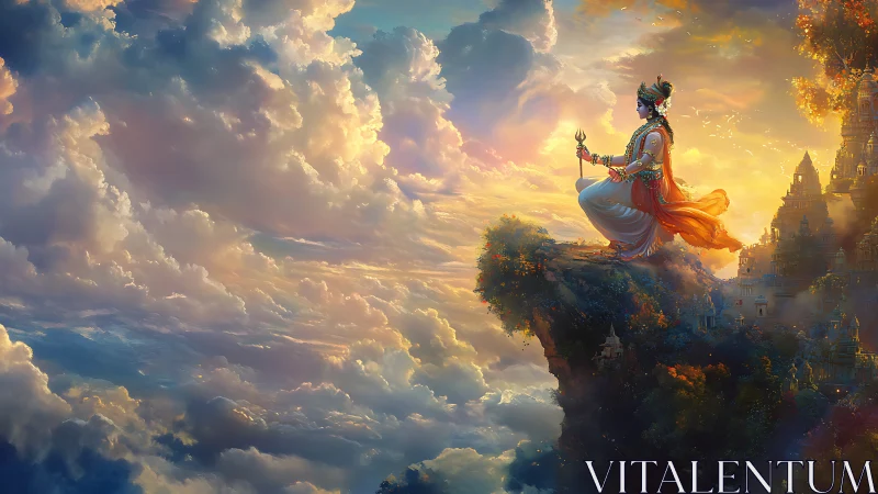 Divine figure meditating above radiant celestial temples.