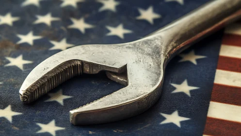 Metal wrench lying on worn American flag background.