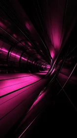 Magenta luminescent tunnel with reflective curved metal panels