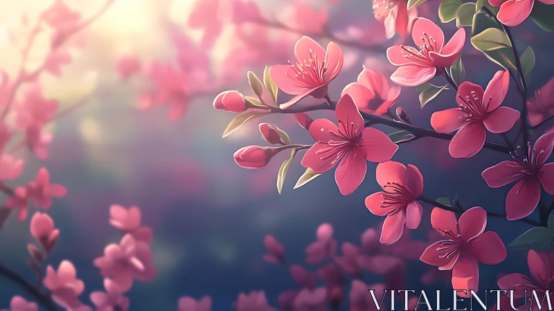 Digital cherry blossoms in soft-focus bokeh lighting study.