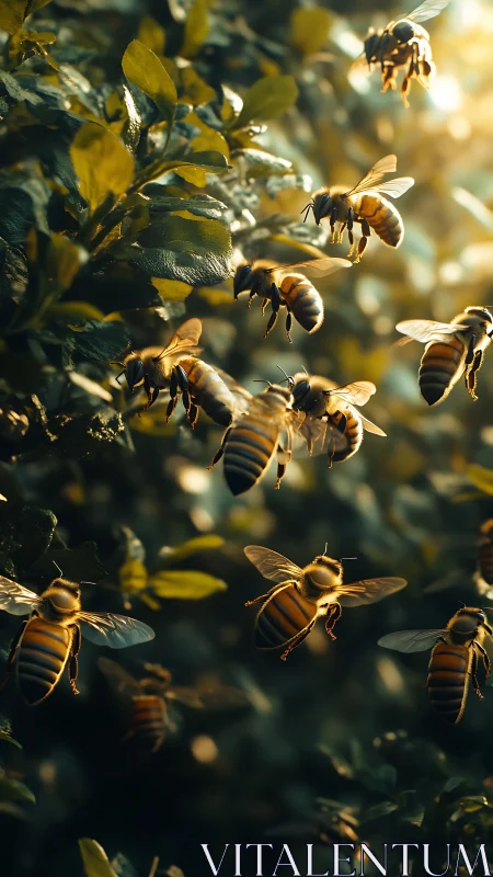 Golden honeybees drift through sunlit garden foliage.