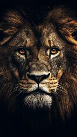 Photorealistic frontal lion portrait with dramatic rim lighting