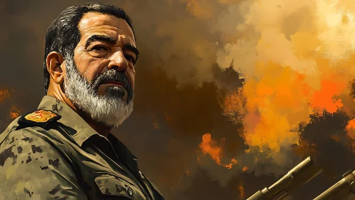 Bearded military figure in uniform before abstract sky.