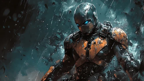Armored humanoid figure in orange and black exosuit in debris.