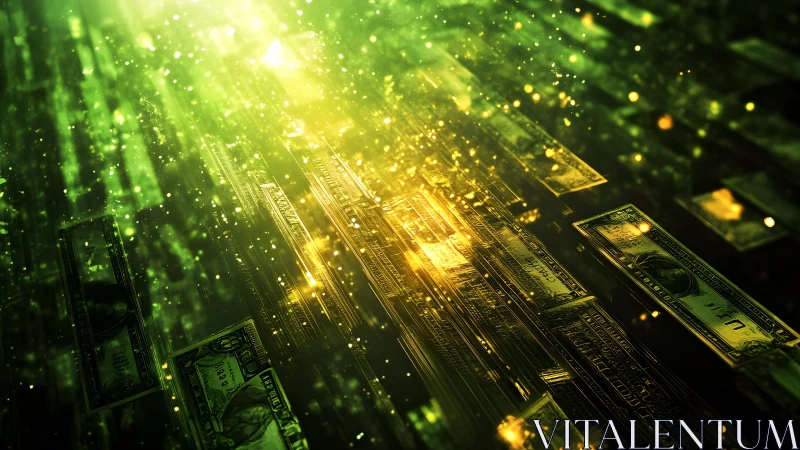 Digital Money Flow Concept in Futuristic Green and Gold Style.
