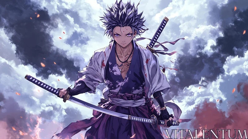 Anime swordsman with dual katanas under turbulent sky.
