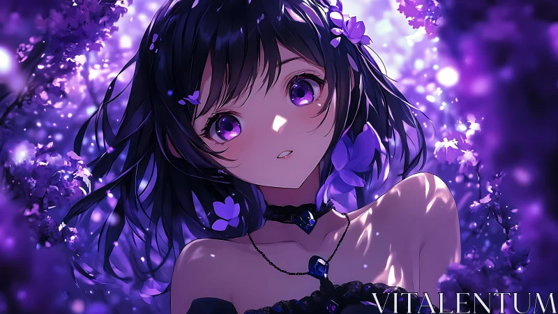 Purple eyed girl gazes upward under glowing floral canopy