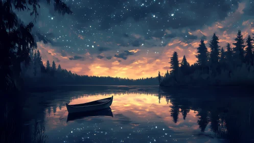 Digital nocturne lake scene with reflective boat symmetry.